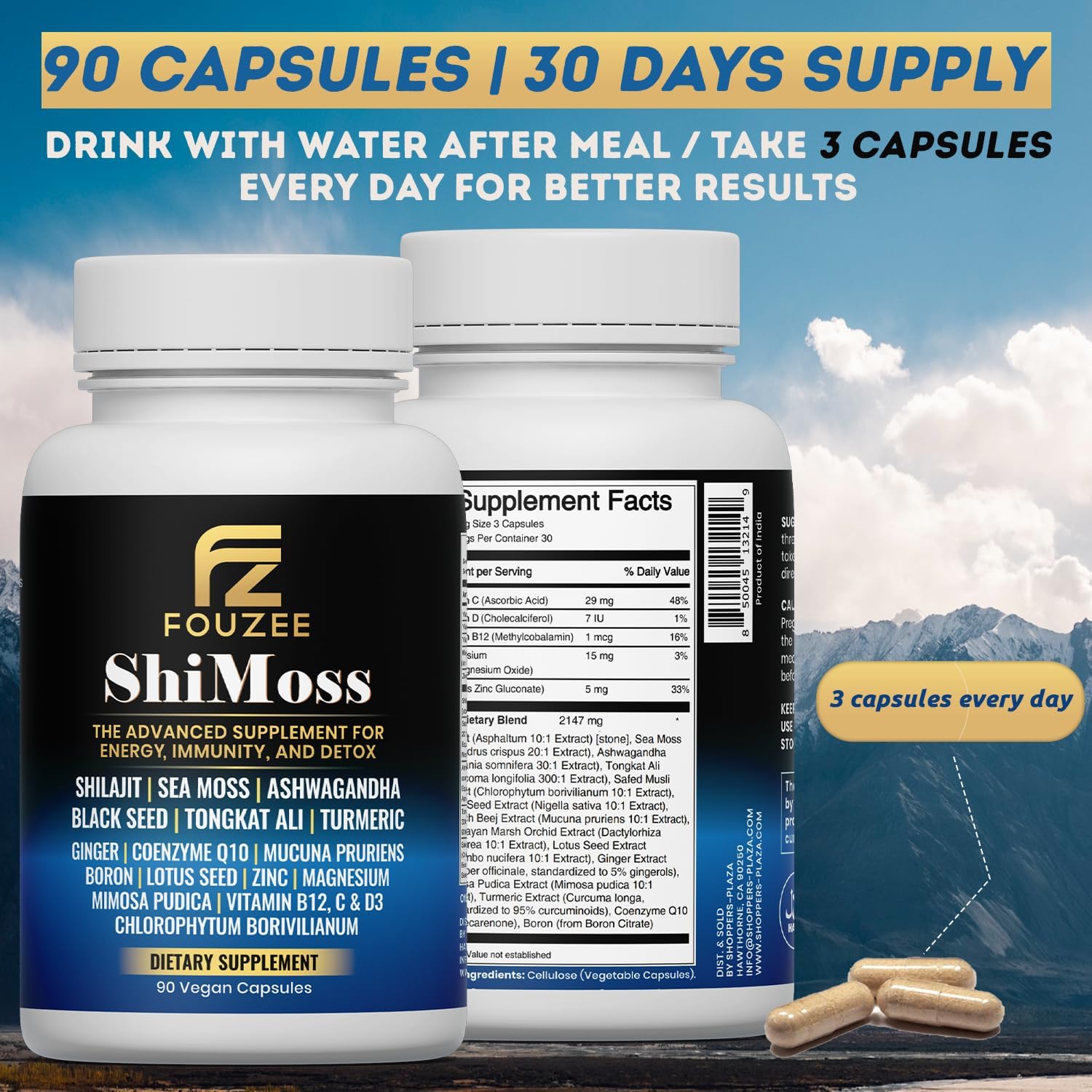Immunity Boosting ShiMoss Supplement Capsules with Shilajit, Sea Moss, Ashwagandha, Tongkat Ali, Vitamins, and Minerals for Men & Women - 90 Count