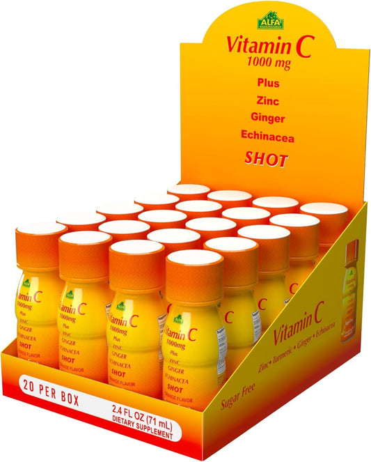 Immunity Boosting Vitamin C Shot with Zinc, Ginger, Echinacea - Cold Fighter - Orange Flavor - 1000MG - 20 Pack