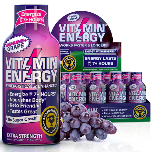 Immunity Formula Energy Drink Shots - Grape Flavor, Sugar & Carb-Free, Natural Nutrients for Energy & Immune Support, up to 7+ Hours, 1.93 fl oz, Pack of 12