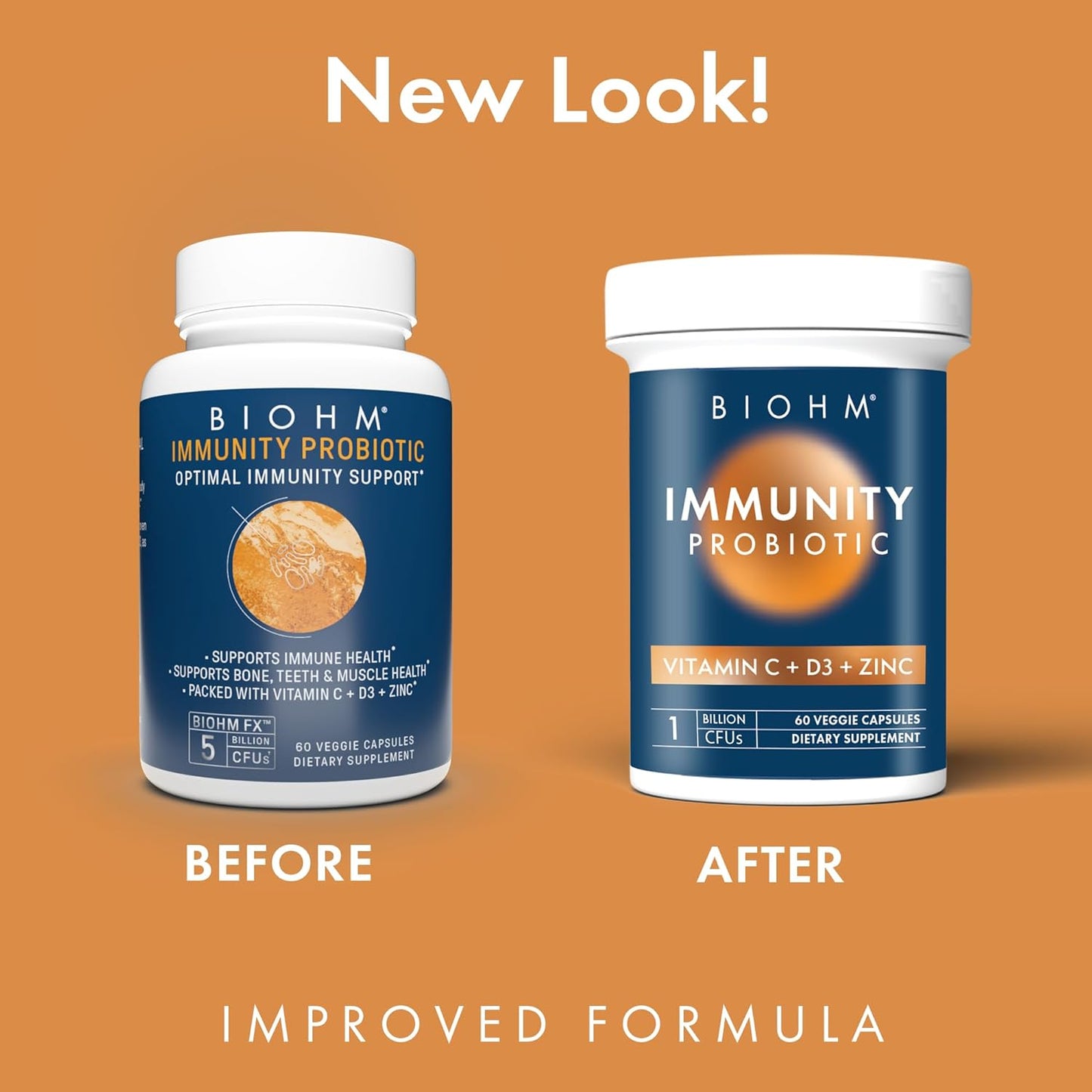 Immunity Probiotic with Vitamin C, D3, Zinc, 5 Billion CFU, Non-GMO, Vegan, 60 Capsules for Women and Men