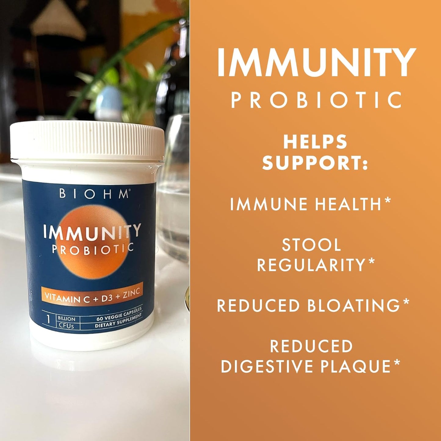 Immunity Probiotic with Vitamin C, D3, Zinc, 5 Billion CFU, Non-GMO, Vegan, 60 Capsules for Women and Men