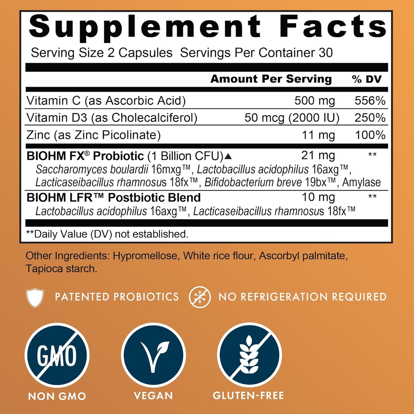 Immunity Probiotic with Vitamin C, D3, Zinc, 5 Billion CFU, Non-GMO, Vegan, 60 Capsules for Women and Men