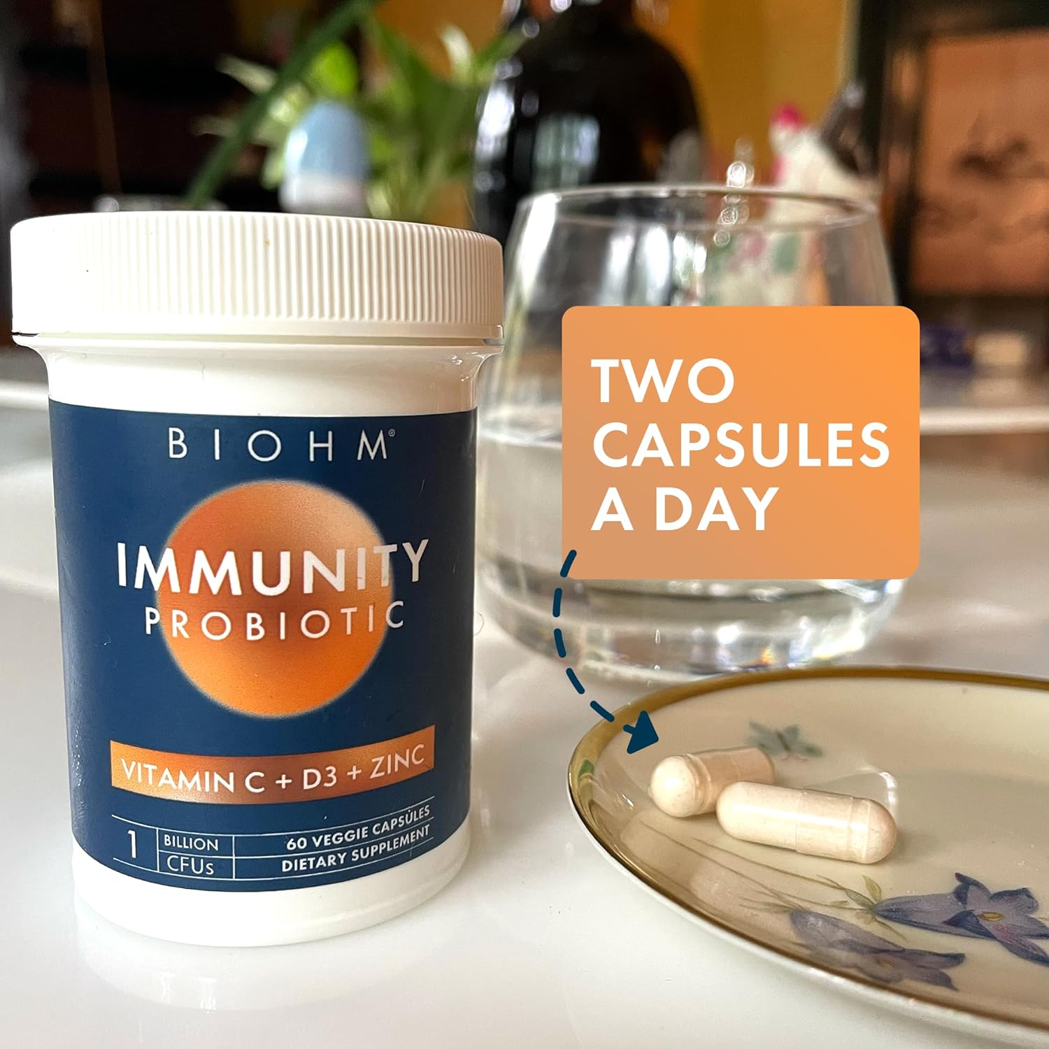 Immunity Probiotic with Vitamin C, D3, Zinc, 5 Billion CFU, Non-GMO, Vegan, 60 Capsules for Women and Men