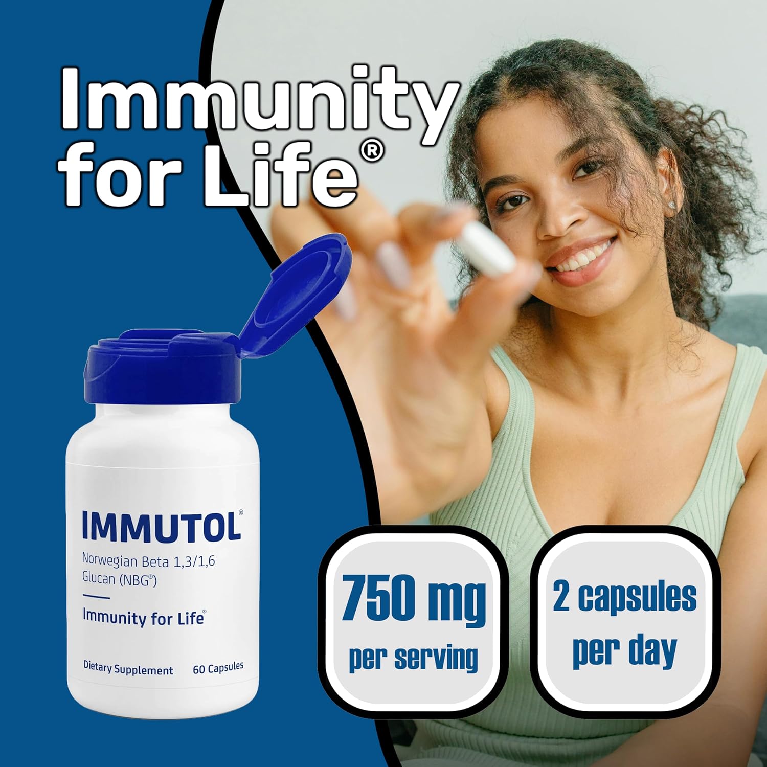 Immunocorp Immutol Immune Support Supplement - 750mg Beta Glucan 1,3 1,6 - Natural Ingredients, High Potency for Immunity Boost - 60 Capsules