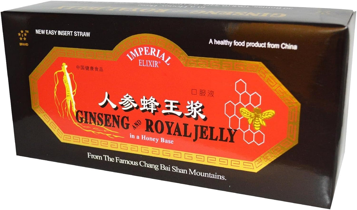 Imperial Elixir Ginseng and Royal Jelly Vials 10 Pack - 10 mL Each - Natural Energy Boost and Immune Support