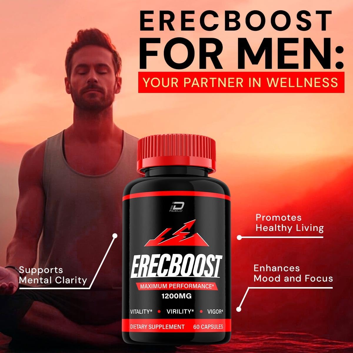 Indelo Erecboost Men's Capsules - Official Erecboost Vitamin Complex Dietary Supplement - All Natural Support Formula - 60 Capsules