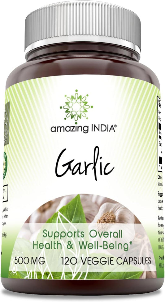 India Garlic Supplement 500mg - 120 Veggie Capsules | Non-GMO & Gluten-Free - Amazing Quality