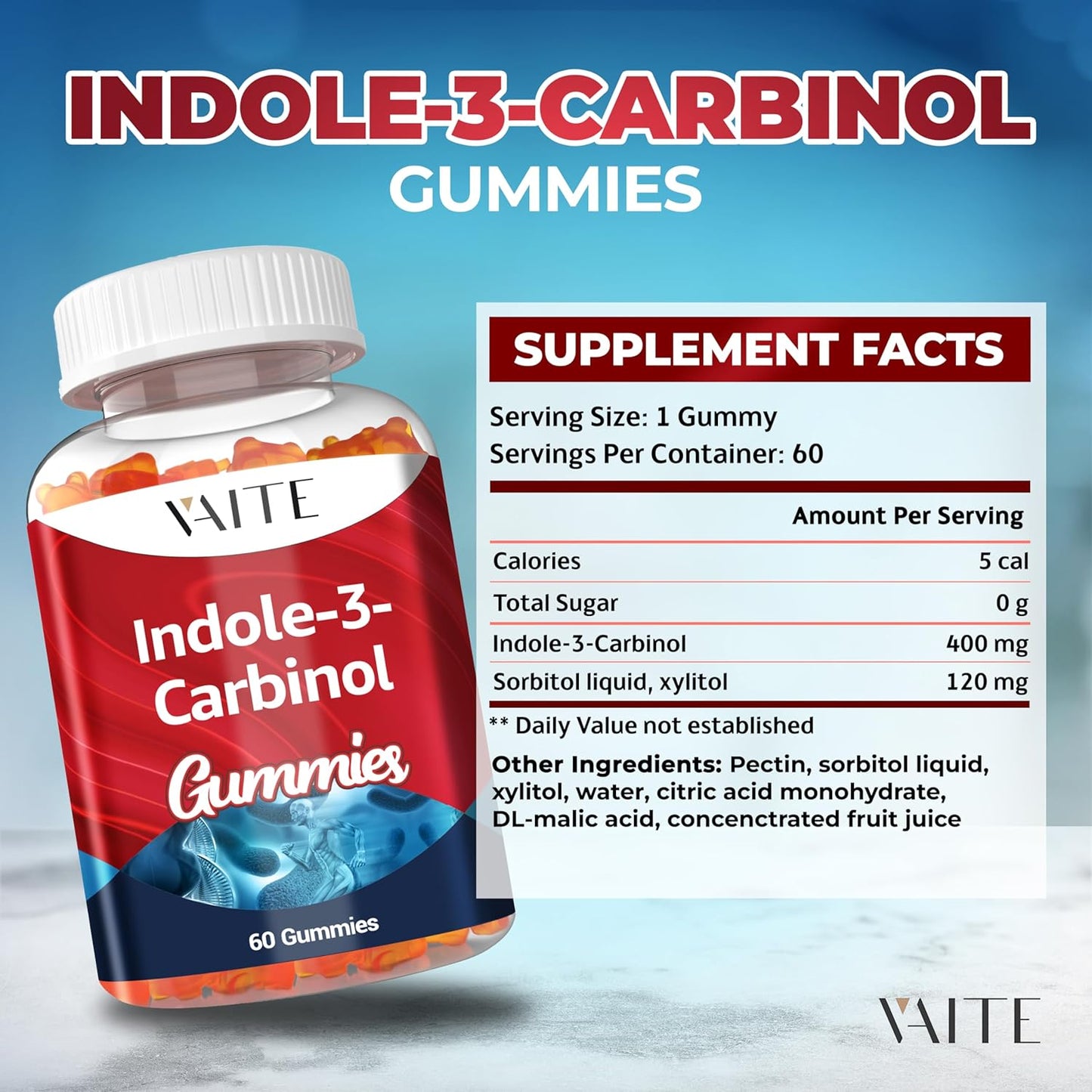 Indole-3-Carbinol Gummies 400mg - Hormonal Balance & Antioxidant Support - 60 Vegan Chewables for Men and Women - Non-GMO & Gluten-Free