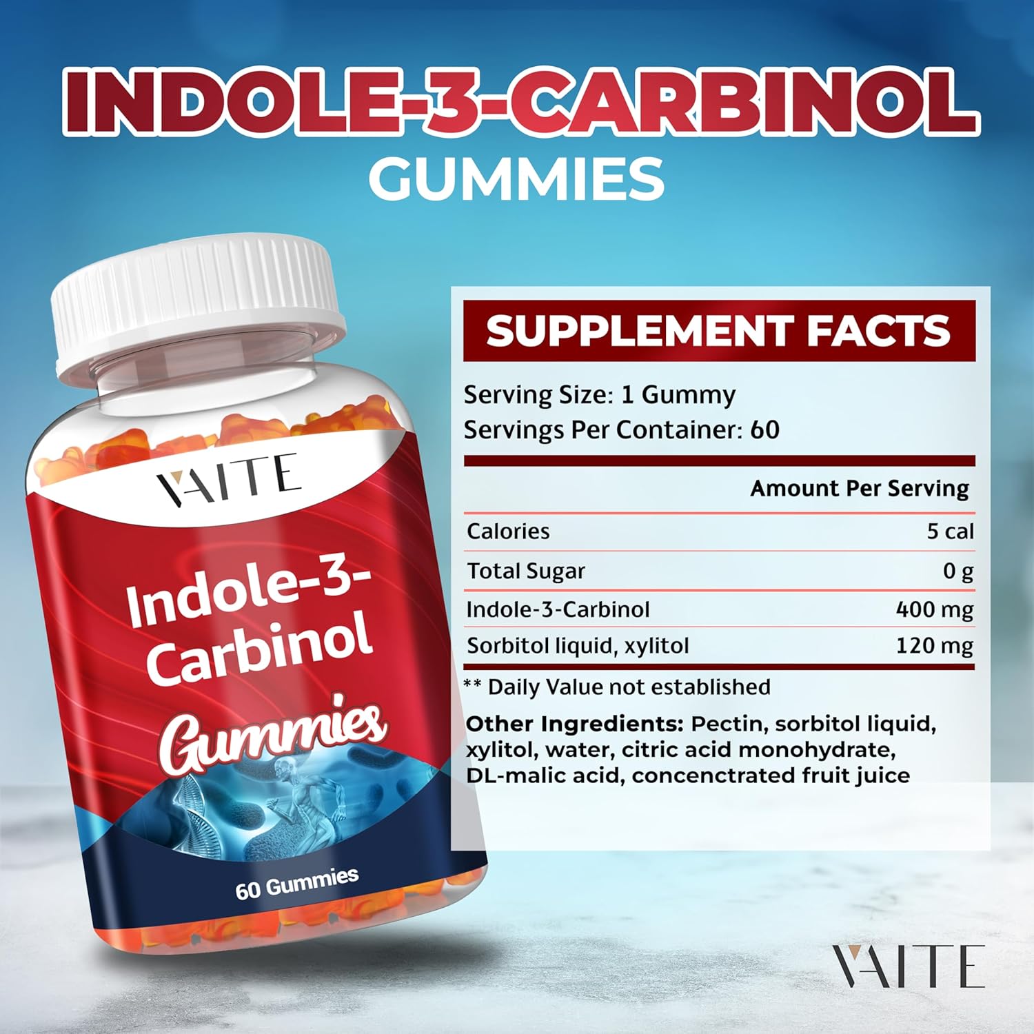 Indole-3-Carbinol Gummies 400mg - Hormonal Balance & Antioxidant Support - 60 Vegan Chewables for Men and Women - Non-GMO & Gluten-Free