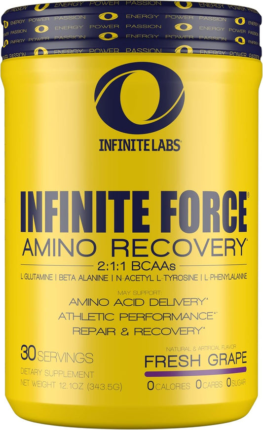 Infinite Labs Infinite Force BCAA Amino Recovery Powder - Grape Flavor, Caffeine Free with Electrolytes, 30 Servings