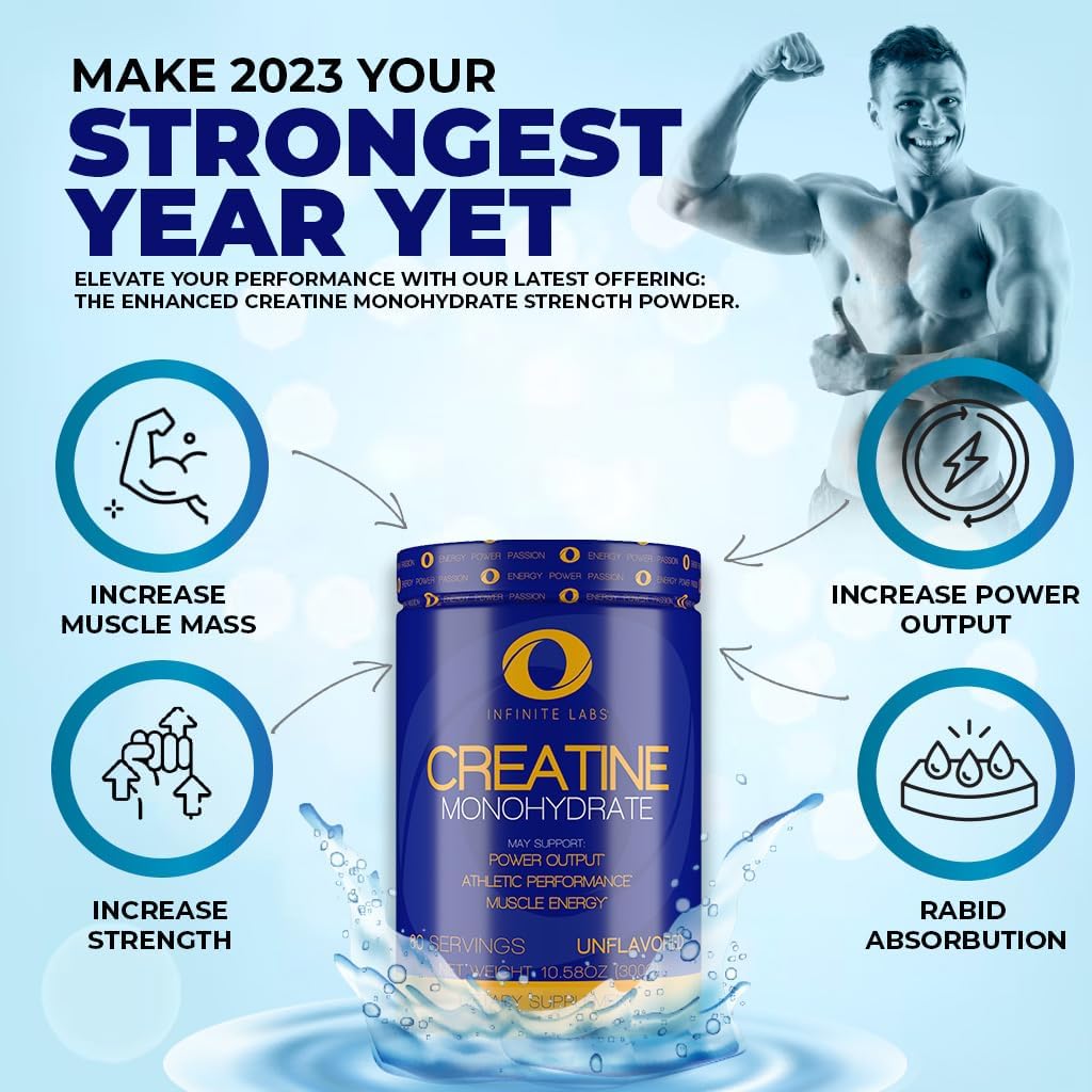 Infinite Labs Unflavored Creatine Monohydrate Powder for Muscular Power, Energy, and Focus - 300g, 60 Servings