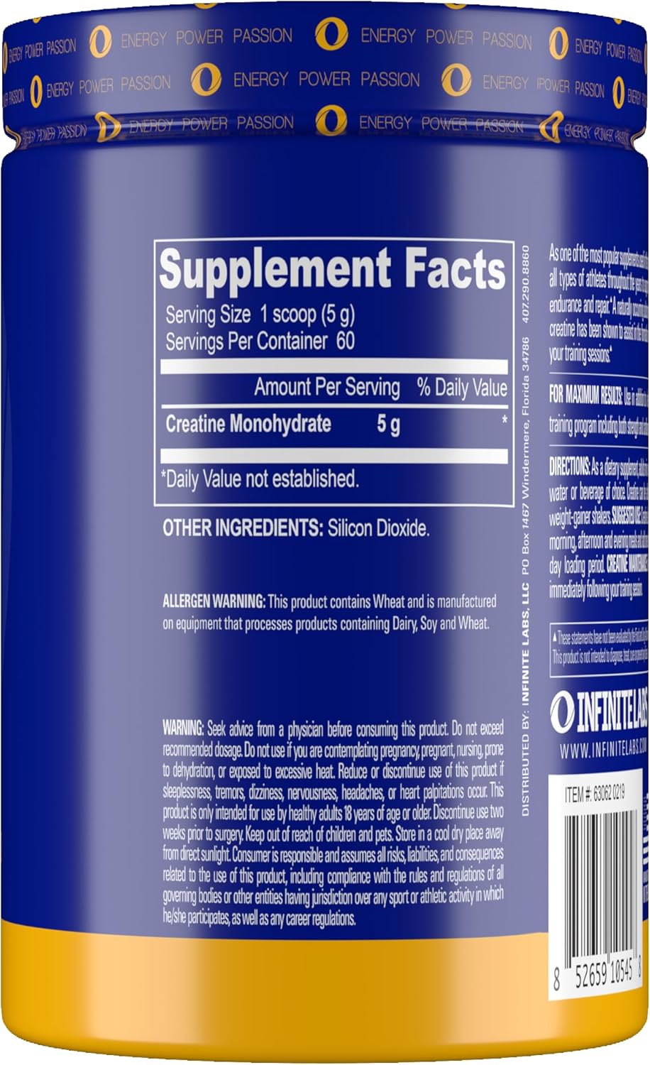 Infinite Labs Unflavored Creatine Monohydrate Powder for Muscular Power, Energy, and Focus - 300g, 60 Servings