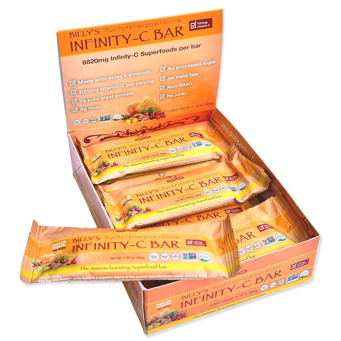 Infinity Greens Infinity C Superfood Bars - Plant Based Energy Bars with 1125mg Vitamin C - Camu Camu, Acerola, Amla, Shilajit - Raw, Gluten Free, Non GMO - Immune Boosting Ingredients