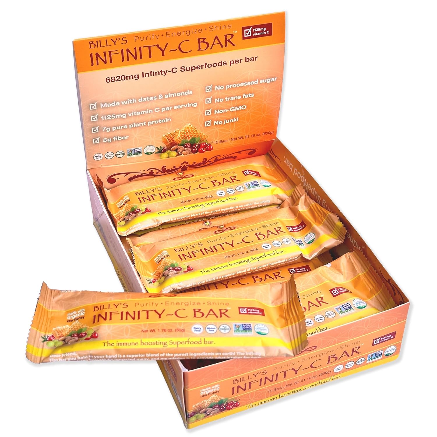 Infinity Greens Infinity C Superfood Bars - Plant Based Energy Bars with 1125mg Vitamin C - Camu Camu, Acerola, Amla, Shilajit - Raw, Gluten Free, Non GMO - Immune Boosting Ingredients