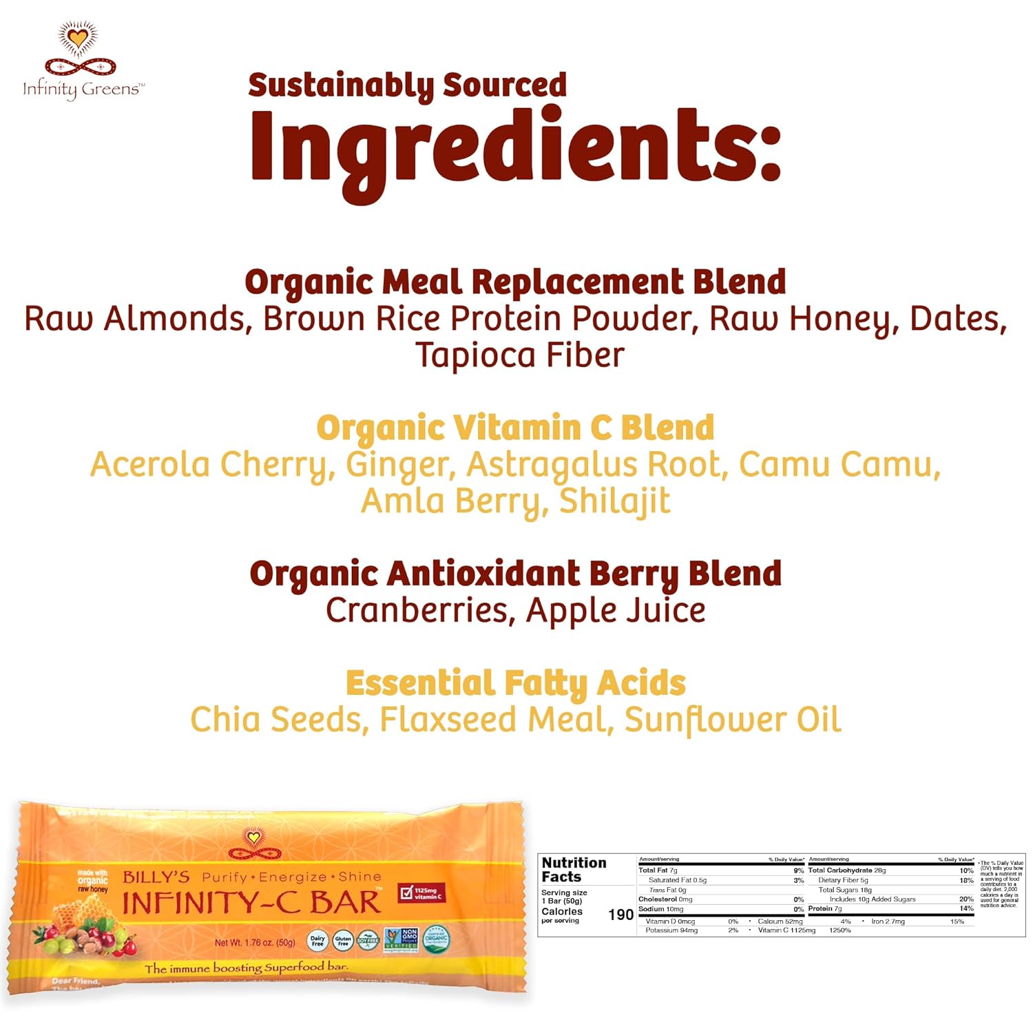 Infinity Greens Infinity C Superfood Bars - Plant Based Energy Bars with 1125mg Vitamin C - Camu Camu, Acerola, Amla, Shilajit - Raw, Gluten Free, Non GMO - Immune Boosting Ingredients