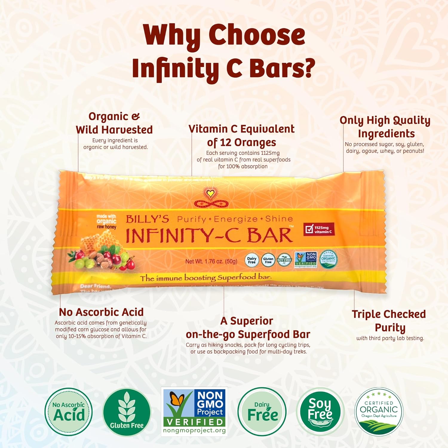 Infinity Greens Infinity C Superfood Bars - Plant Based Energy Bars with 1125mg Vitamin C - Camu Camu, Acerola, Amla, Shilajit - Raw, Gluten Free, Non GMO - Immune Boosting Ingredients