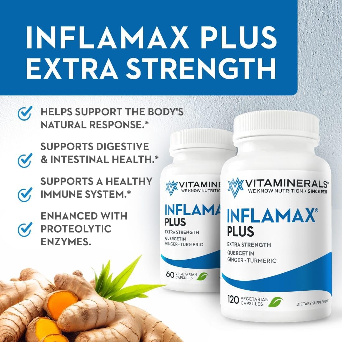 Inflamax Plus Supplement with Quercetin, Proteolytic Enzymes, Ginger, Turmeric - 121+ Vitaminerals Veggie Caps