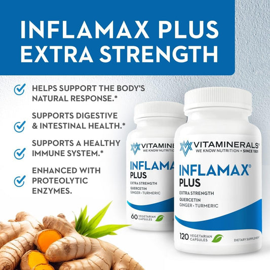 Inflamax Plus Supplement with Quercetin, Proteolytic Enzymes, Ginger, Turmeric - 121+ Vitaminerals Veggie Caps