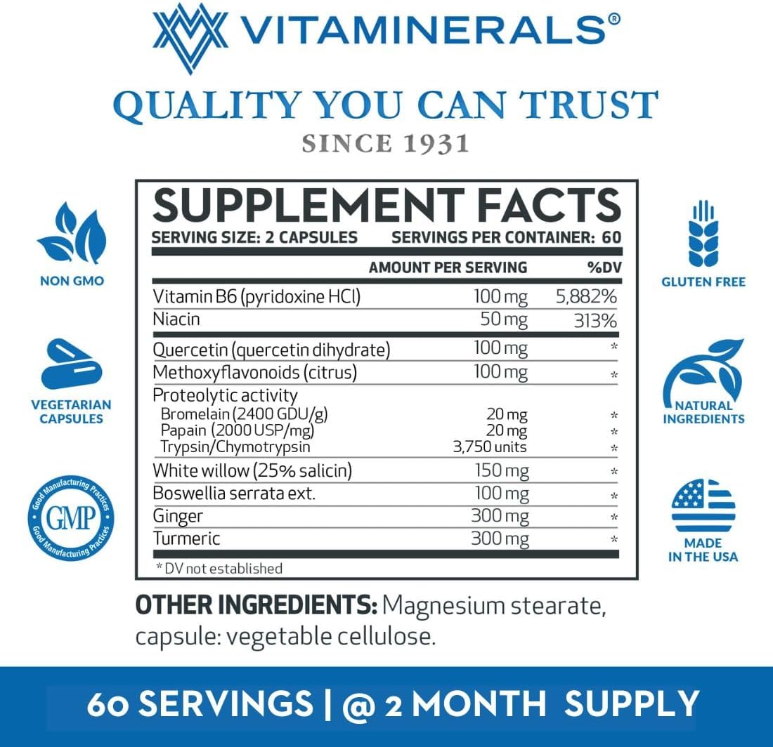 Inflamax Plus Supplement with Quercetin, Proteolytic Enzymes, Ginger, Turmeric - 121+ Vitaminerals Veggie Caps