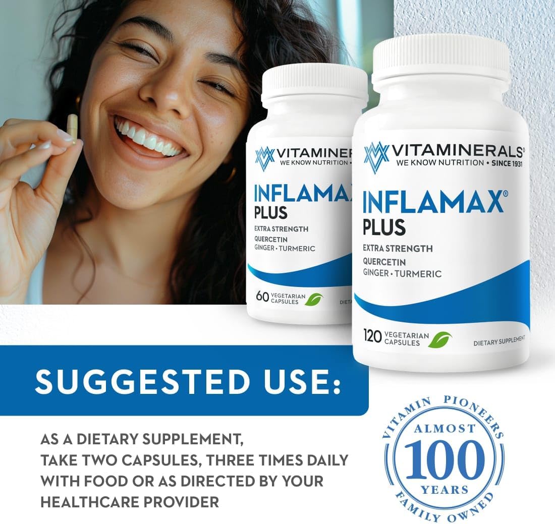 Inflamax Plus Supplement with Quercetin, Proteolytic Enzymes, Ginger, Turmeric - 121+ Vitaminerals Veggie Caps