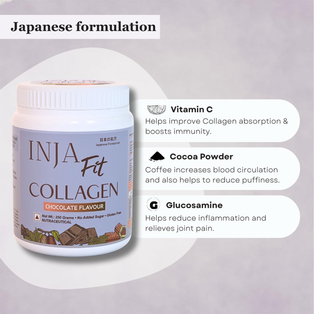 INJA Wellness Fit Marine Collagen Powder with Vitamin C for Healthy Joints, Muscles, Skin & Hair - Chocolate Flavor, 250g