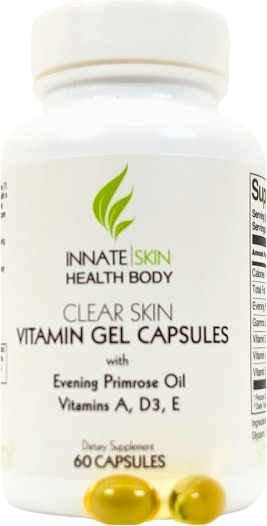 Innate Skin Health Clear Skin Acne Vitamin Gel Capsules with Evening Primrose Oil - 60 Caps - All Natural Skin Nutrition Supplement