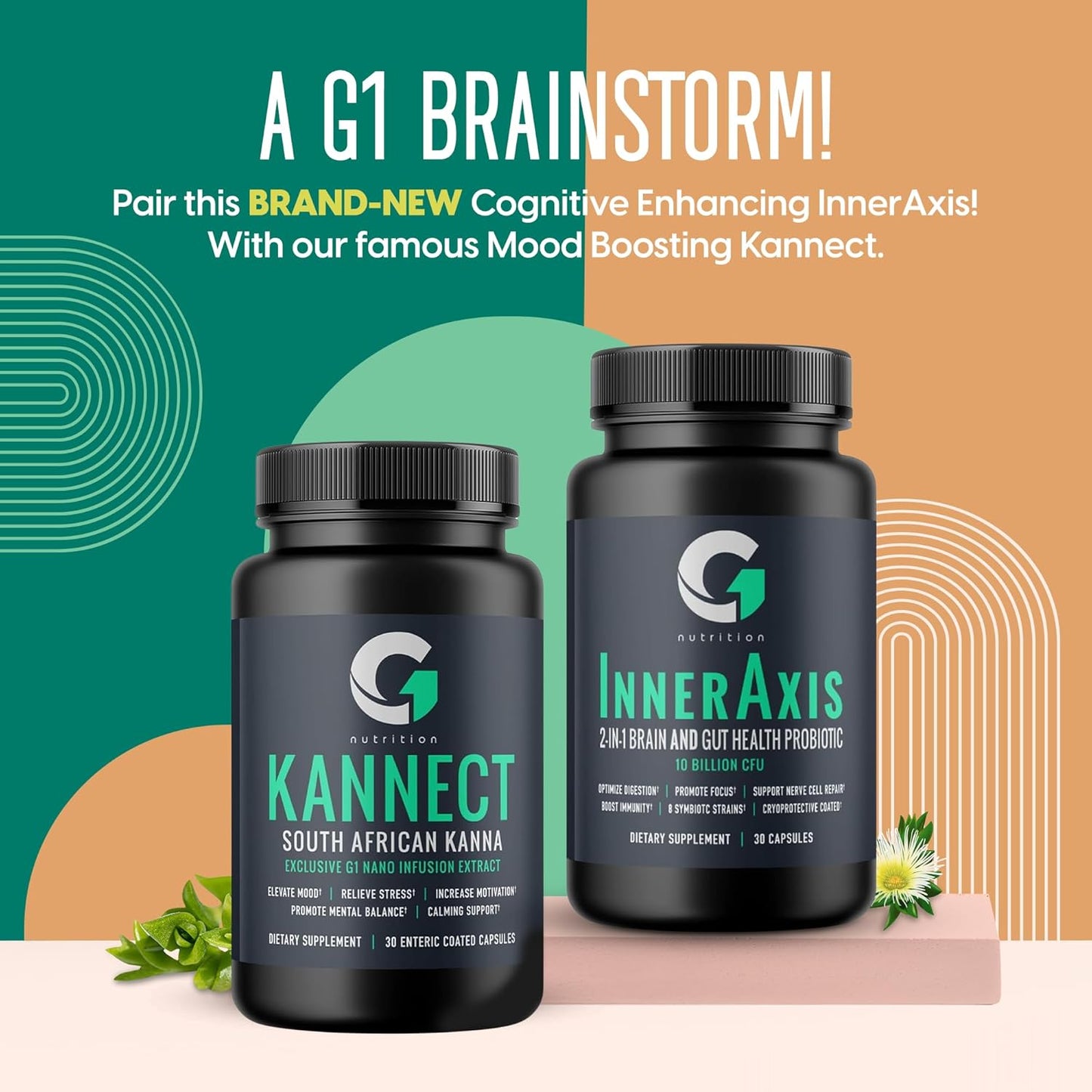 InnerAxis 2-in-1 Probiotic for Brain and Gut Health, 10 Billion CFU, 8 Strains, Psychobiotic, Mood Support, Acidophilus, Men and Women, 30 Servings