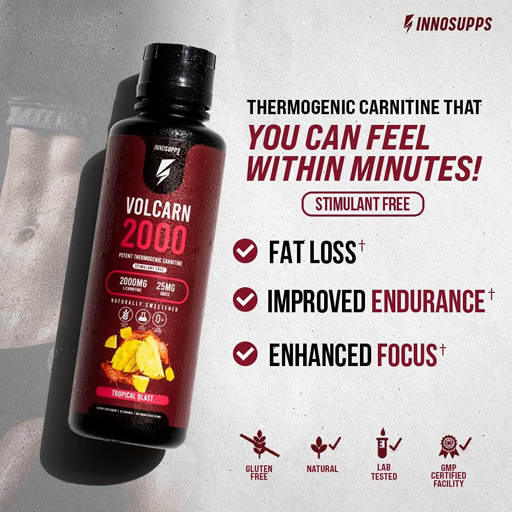 InnoSupps Volcarn 2000: L-Carnitine Energy Liquid with GBEEC | Boosts ATP, Energy, Focus | Caffeine-Free, No Artificial Sweeteners | 32 Servings (Candy Peach Rings)