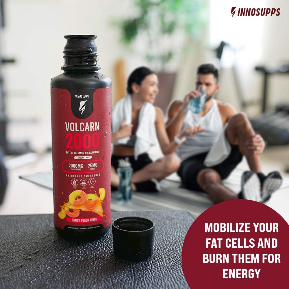 InnoSupps Volcarn 2000: L-Carnitine Energy Liquid with GBEEC | Boosts ATP, Energy, Focus | Caffeine-Free, No Artificial Sweeteners | 32 Servings (Candy Peach Rings)