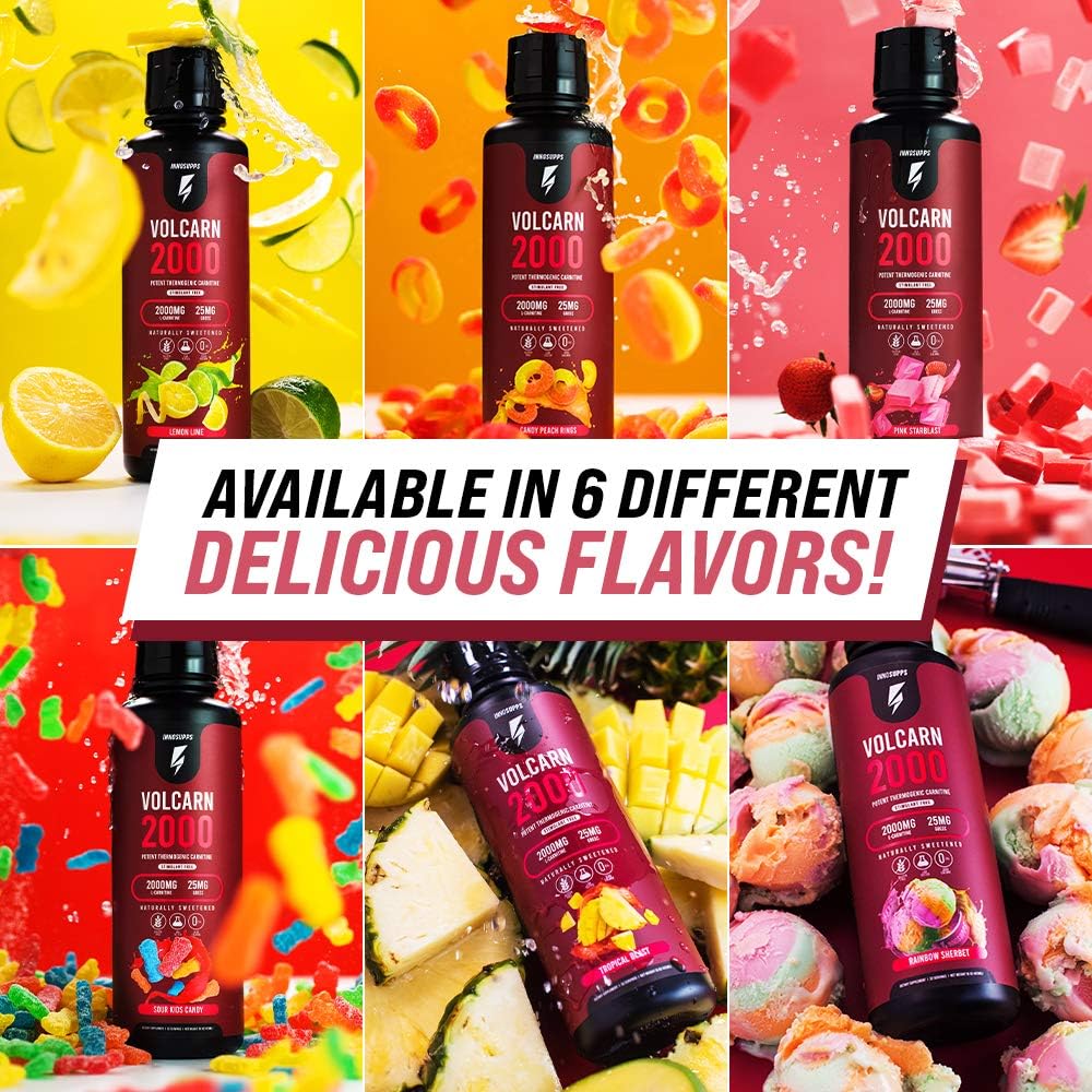 InnoSupps Volcarn 2000: L-Carnitine Energy Liquid with GBEEC | Boosts ATP, Energy, Focus | Caffeine-Free, No Artificial Sweeteners | 32 Servings (Candy Peach Rings)