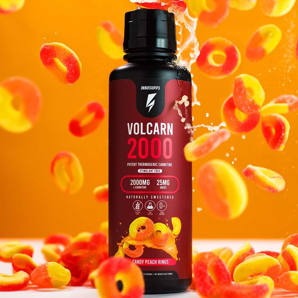 InnoSupps Volcarn 2000: L-Carnitine Energy Liquid with GBEEC | Boosts ATP, Energy, Focus | Caffeine-Free, No Artificial Sweeteners | 32 Servings (Candy Peach Rings)