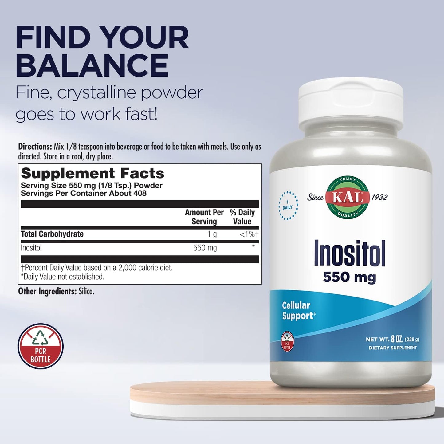 Inositol Powder 550mg for Brain, Nervous System, and Mood Support - Enhanced Absorption Formula, Easy to Mix - 8oz, 408 Servings