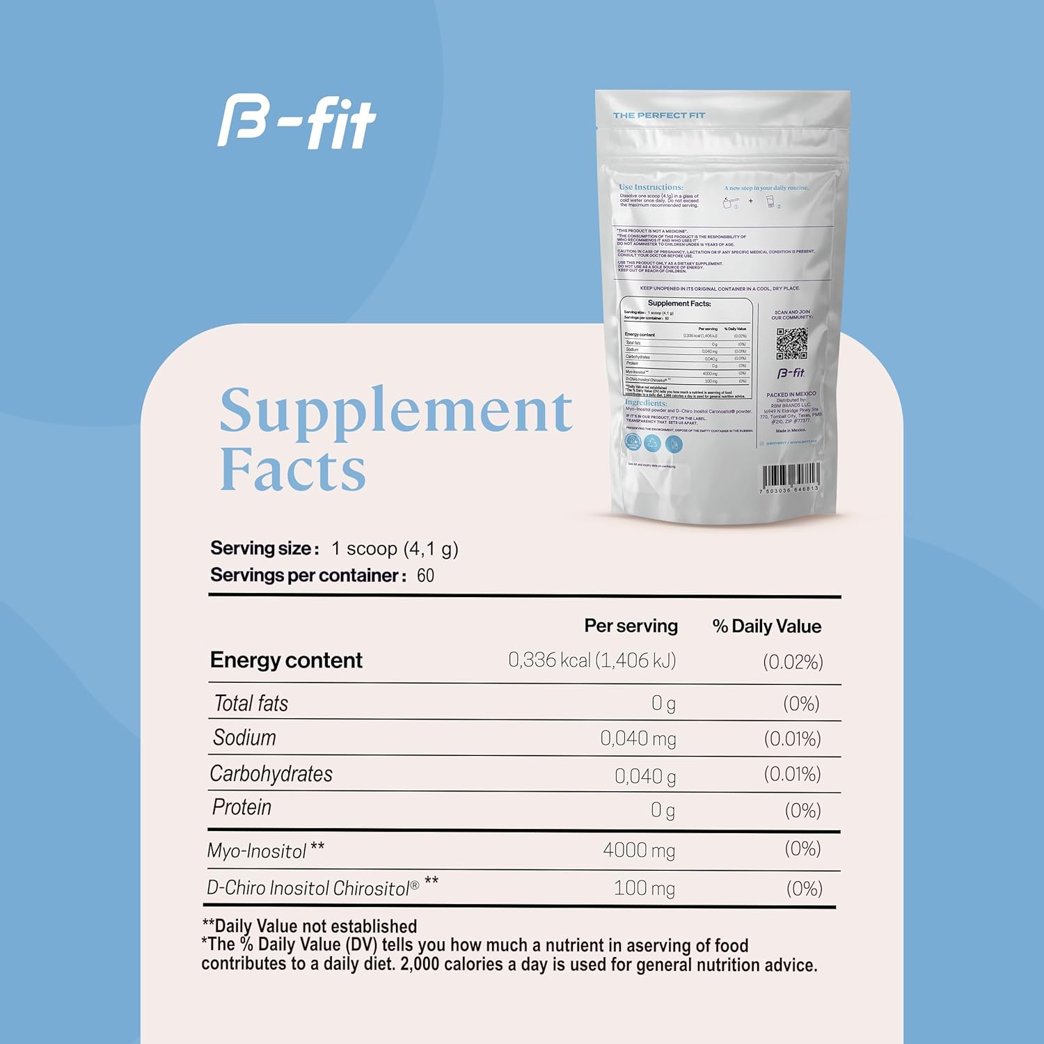 Inositol Powder Supplement - Myo-inositol & D-Chiro Inositol Blend - 2 Month Supply - 60 Servings - No Additives - B-FIT B Formula