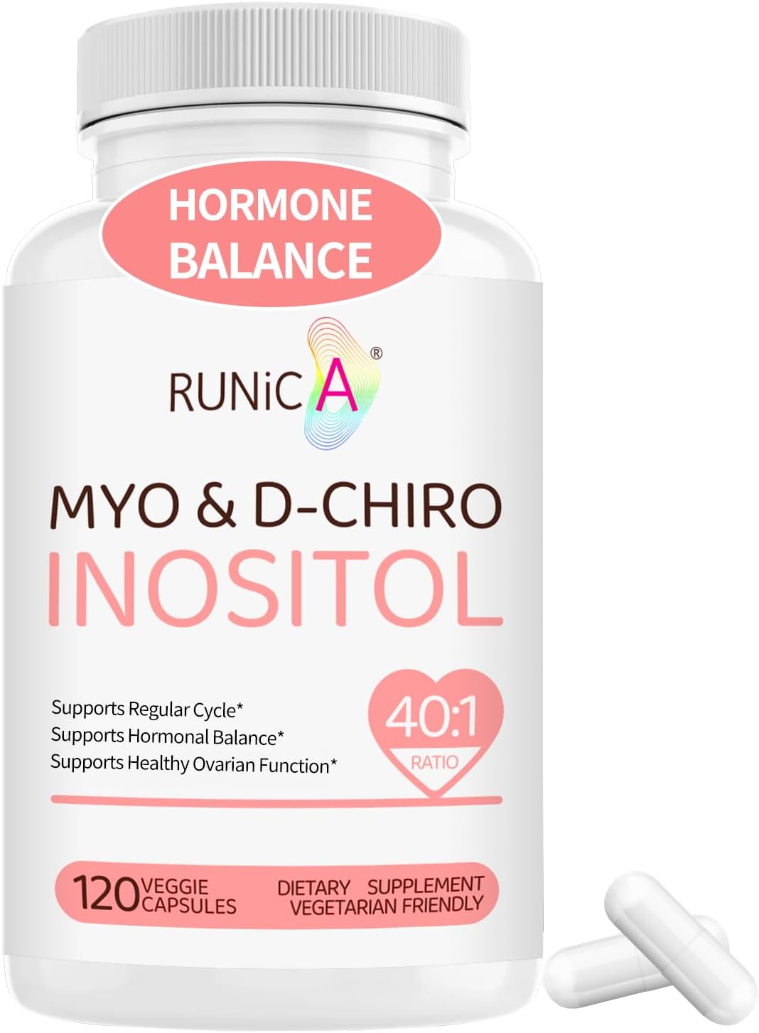 Inositol Supplement for Hormonal Balance & Ovarian Function - 40:1 Myo-Inositol & D-Chiro Inositol Ratio, Vitamin B8, 120 Capsules