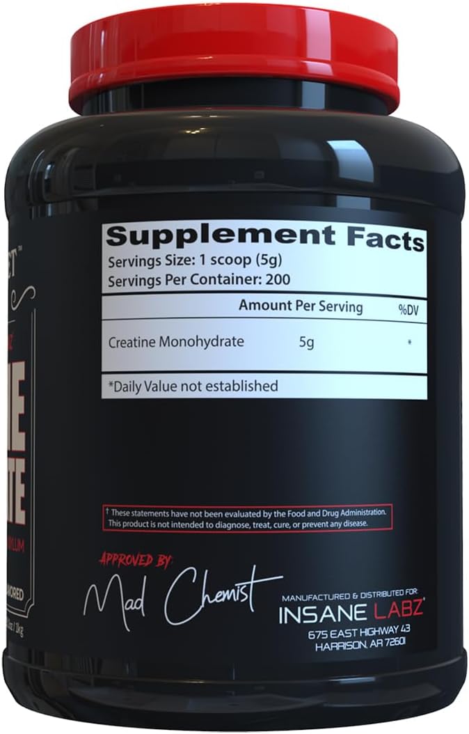 Insane Labz Creatine Monohydrate Powder - Unflavored, 200 Servings for Pre and Post Workout Strength & Power