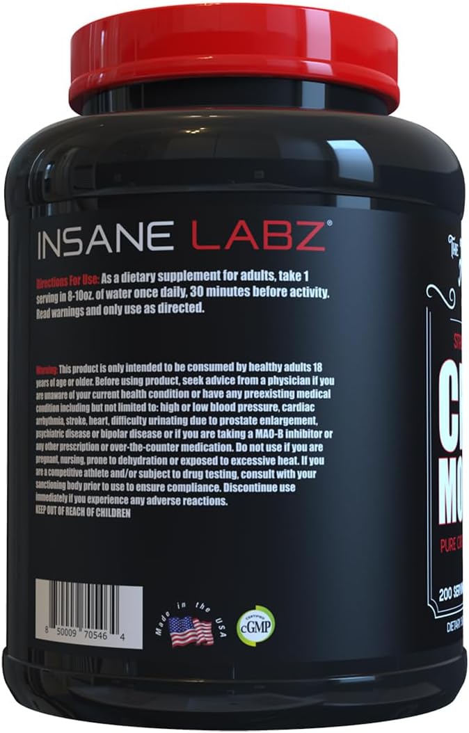 Insane Labz Creatine Monohydrate Powder - Unflavored, 200 Servings for Pre and Post Workout Strength & Power