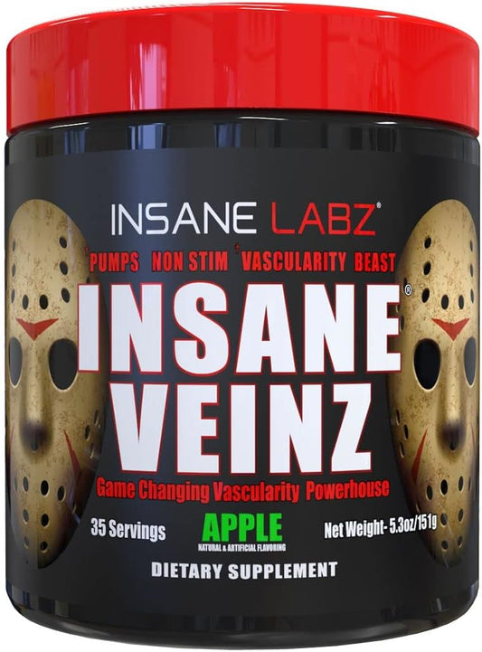 Insane Labz Insane Veinz Non-Stimulant Nitric Oxide Booster Powder - Agmatine Sulfate, Betaine Anhydrous, Increase Vascularity - 35 Servings, Apple Flavor