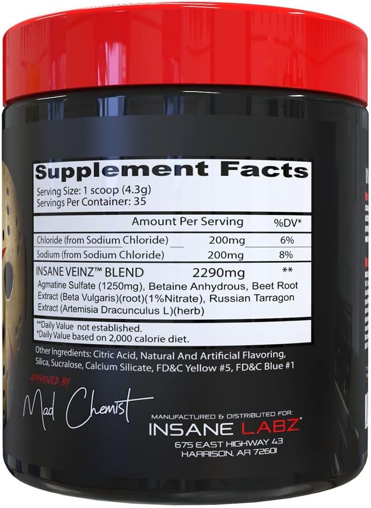 Insane Labz Insane Veinz Non-Stimulant Nitric Oxide Booster Powder - Agmatine Sulfate, Betaine Anhydrous, Increase Vascularity - 35 Servings, Apple Flavor