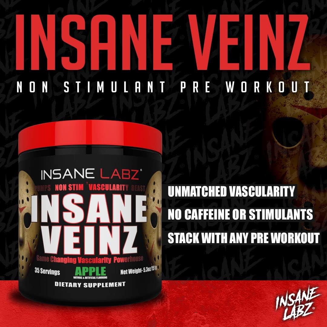 Insane Labz Insane Veinz Non-Stimulant Nitric Oxide Booster Powder - Agmatine Sulfate, Betaine Anhydrous, Increase Vascularity - 35 Servings, Apple Flavor