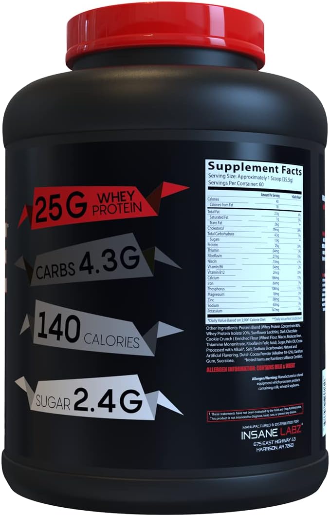 Insane Labz Insane Whey Cookies & Cream - 100% Muscle Building Protein, Post Workout, BCAA Amino Profile, 5lbs, 60 Servings