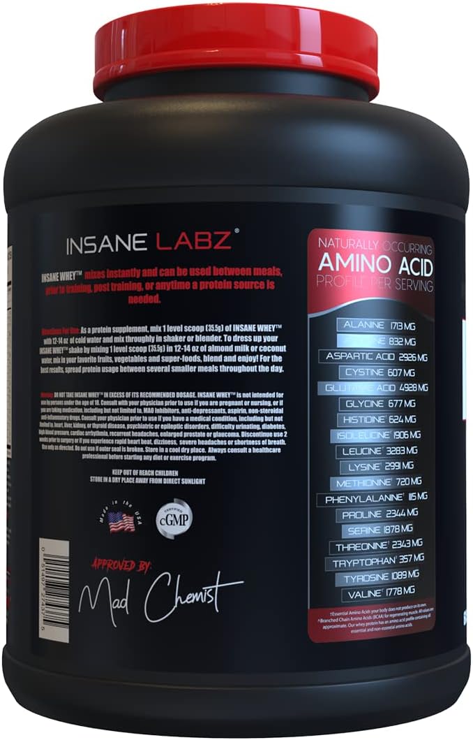 Insane Labz Insane Whey Cookies & Cream - 100% Muscle Building Protein, Post Workout, BCAA Amino Profile, 5lbs, 60 Servings