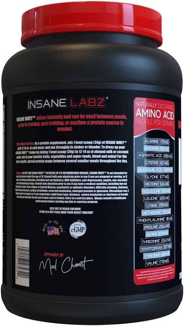 Insane Labz Insane Whey Protein Powder - Birthday Cake Flavor, 100% Muscle Building Formula with BCAA Amino Profile for Mass Gaining and Meal Replacement, 30 Servings