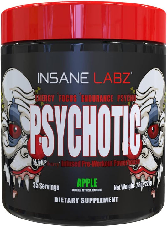 Insane Labz Psychotic Apple Pre-Workout Powder - High Stimulant Energy & Focus Booster with Beta Alanine, Creatine Monohydrate DMAE - 35 Servings