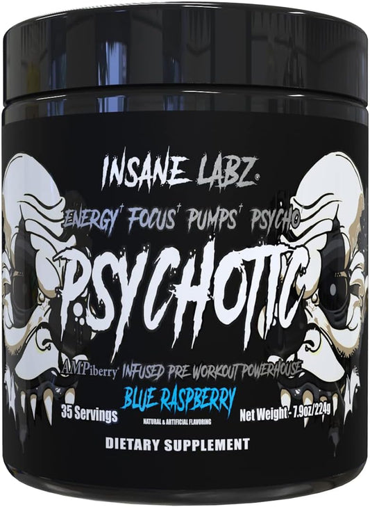 Insane Labz Psychotic Black Edition Pre Workout Powder - Energy Focus Pumps, Creatine Beta Alanine Taurine AMPiberry - 35 Servings Blue Raspberry