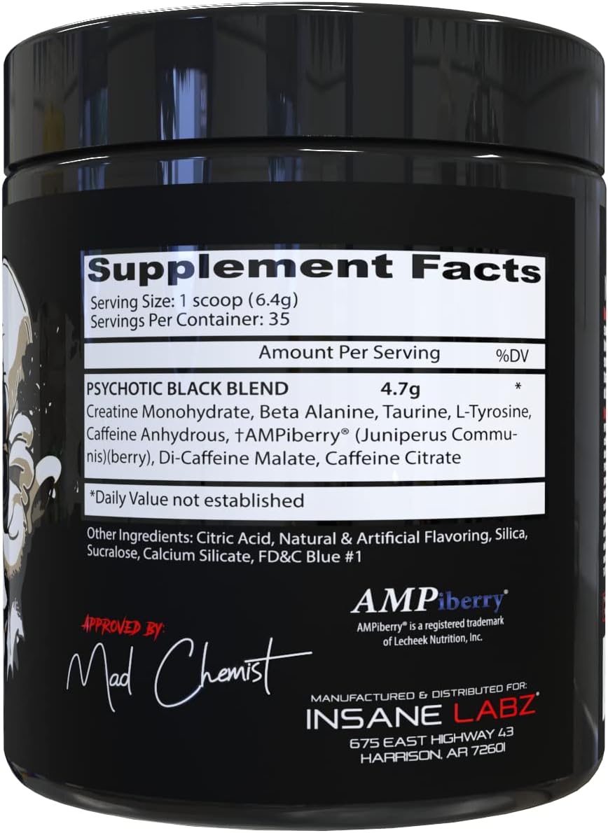 Insane Labz Psychotic Black Edition Pre Workout Powder - Energy Focus Pumps, Creatine Beta Alanine Taurine AMPiberry - 35 Servings Blue Raspberry