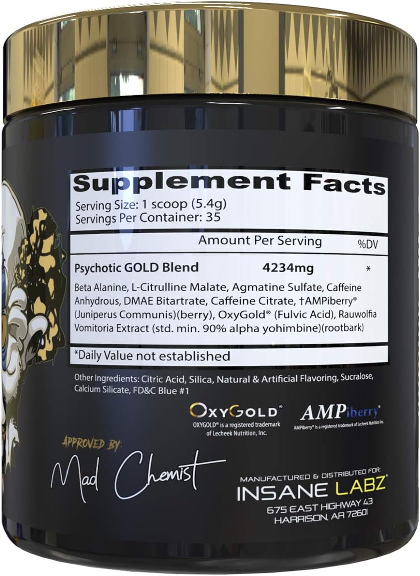 Insane Labz Psychotic Gold: High Stimulant Pre Workout Powder for Extreme Energy, Focus, Pumps, and Endurance - Blue Punch Flavor (35 Servings)