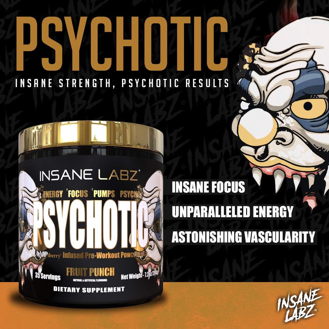 Insane Labz Psychotic Gold: High Stimulant Pre Workout Powder for Extreme Energy, Focus, Pumps, and Endurance - Blue Punch Flavor (35 Servings)