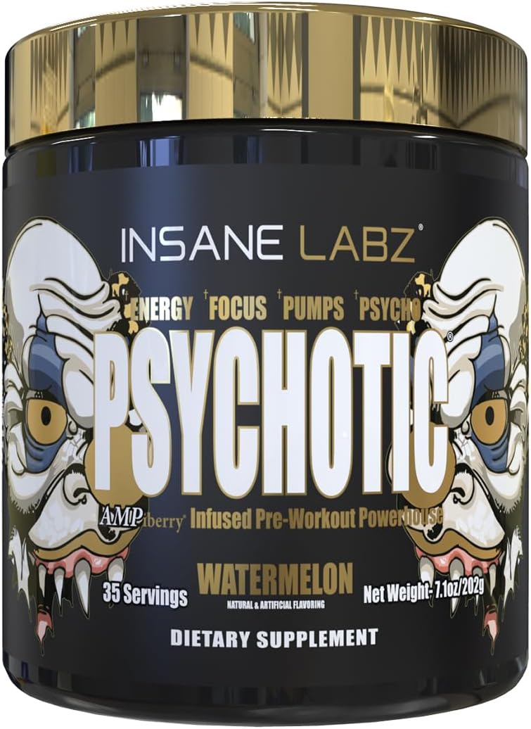 Insane Labz Psychotic Gold Pre Workout Powder - High Stimulant Energy Focus, Pump, Endurance - Beta Alanine, DMAE, NO Booster - Watermelon Flavor (35 Servings)