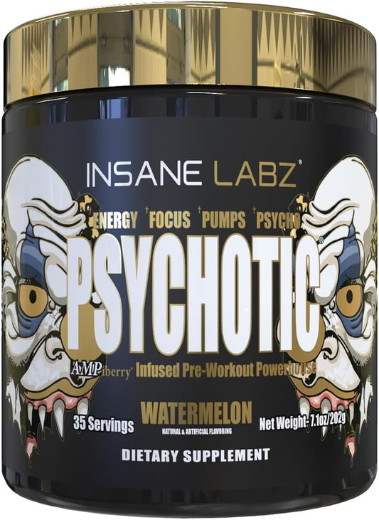 Insane Labz Psychotic Gold Pre Workout Powder - High Stimulant Energy Focus, Pump, Endurance - Beta Alanine, DMAE, NO Booster - Watermelon Flavor (35 Servings)