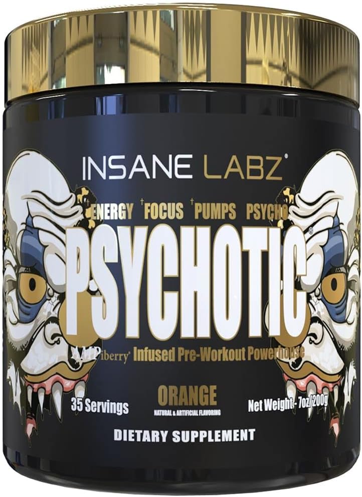 Insane Labz Psychotic Gold Pre Workout Powder - High Stimulant Formula for Lasting Energy, Focus, Pumps, and Endurance - Contains Beta Alanine, DMAE Bitartrate, and NO Booster - Orange Flavor - 35 Servings
